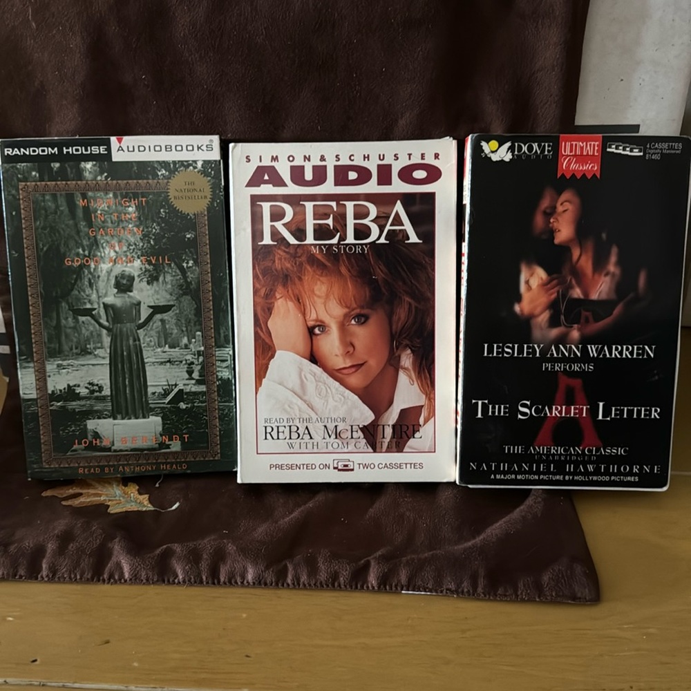 3 audio books Midnight in the Garden , Reba & The Scarlet Letter EUC